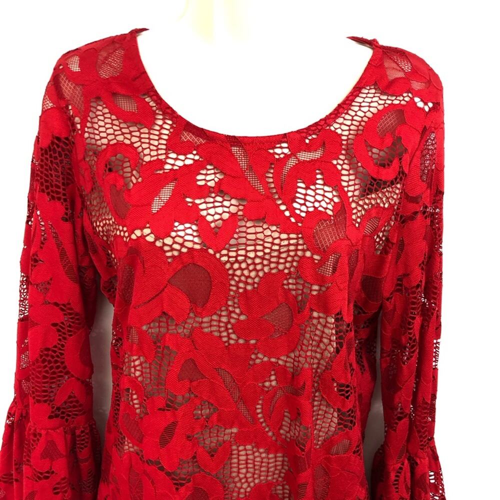 INC International Concepts Red Lace Nude Lined Top Bell Sleeves Scoop Neckline - Picture 6 of 16
